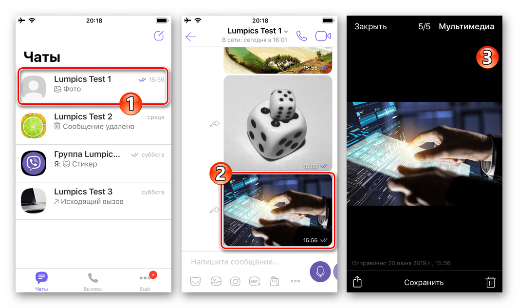 Viber для iPhone переход в полноэкранный просмотр фото из чата, где доступна функция Поделиться