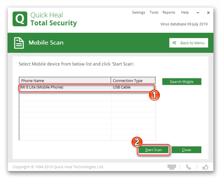 Quick Heal Total Security начало сканирования подключенного к компьютеру Android-девайса