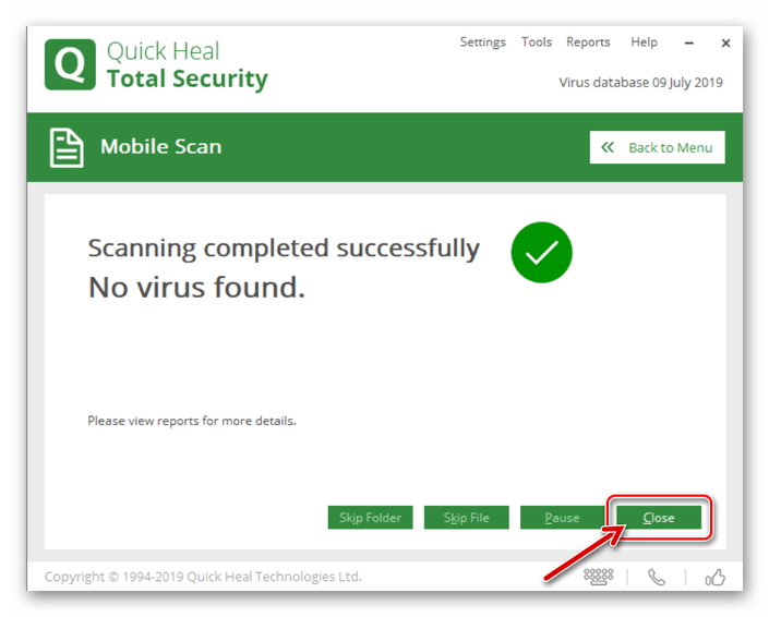 Quick Heal Total Security завершение сканирования Android-девайса на вирусу через приложение