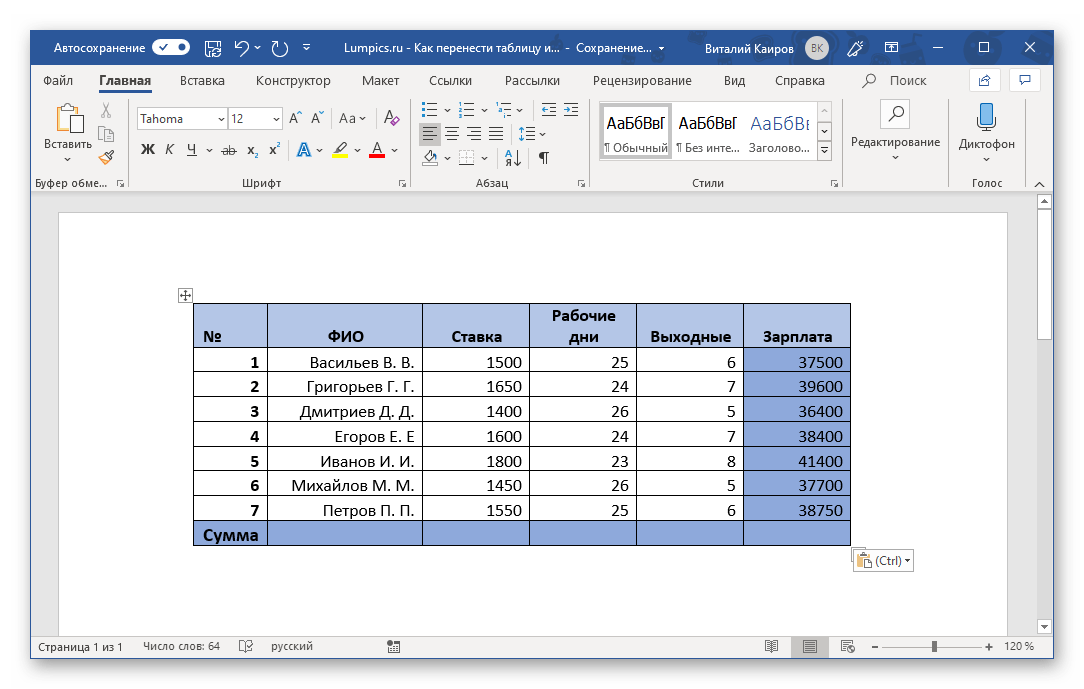 Скопированная из Excel таблица вставлена в Microsoft Word