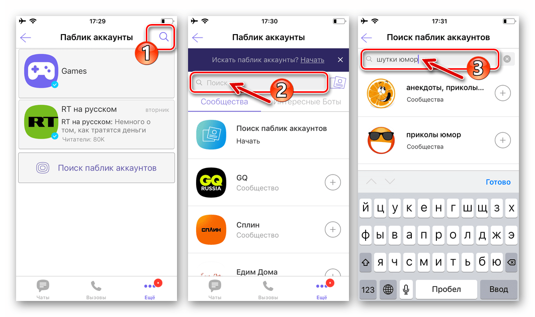 Viber для iOS ввод поискового запроса в разделе Паблик аккаунты мессенджера