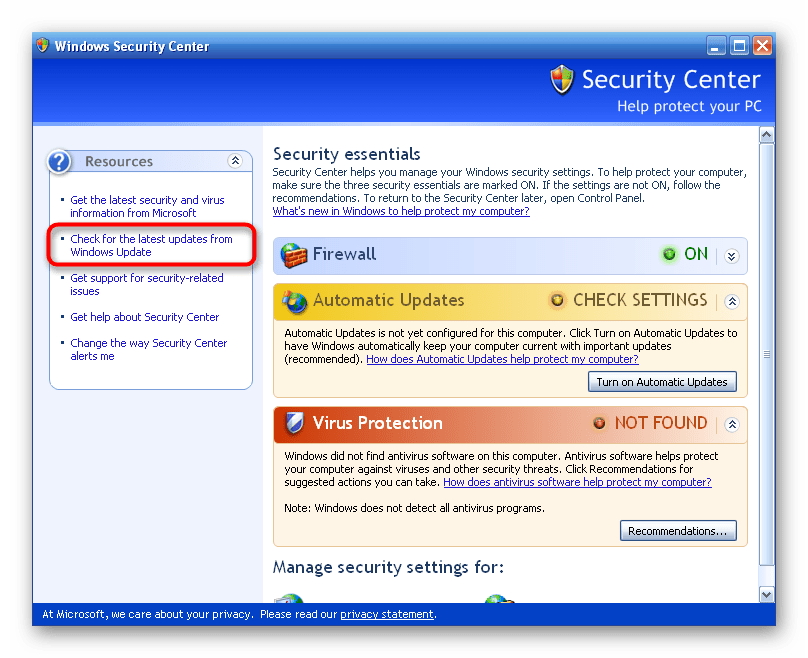 Переход к сайту с обновлениями для устранения неполадки с файлом dwmapi.dll в Windows XP