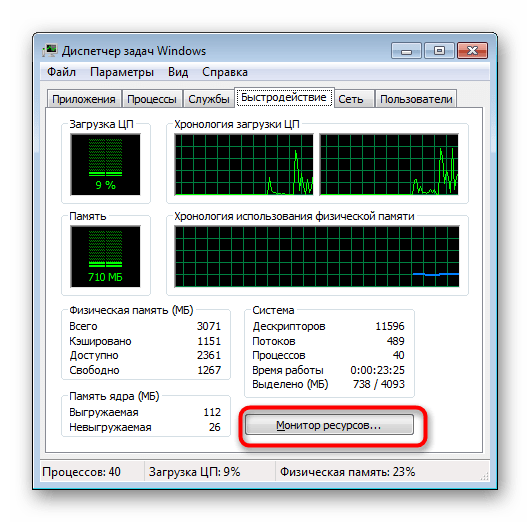 Переход в Монитор ресурсов через Диспетчер задач в Windows 7