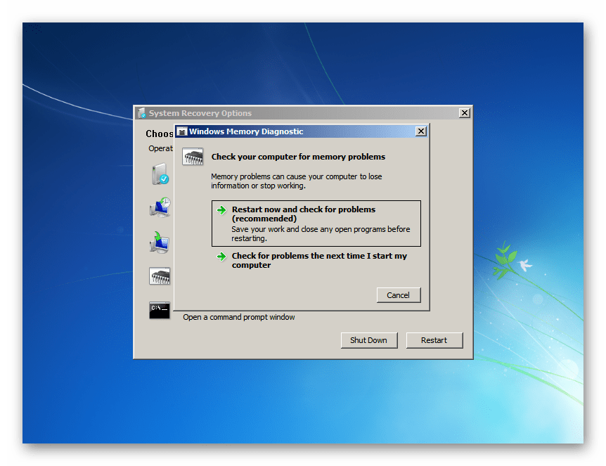 Варианты запуска утилиты Windows Memory Diagnostics в окне System Recovery Options Windows 7