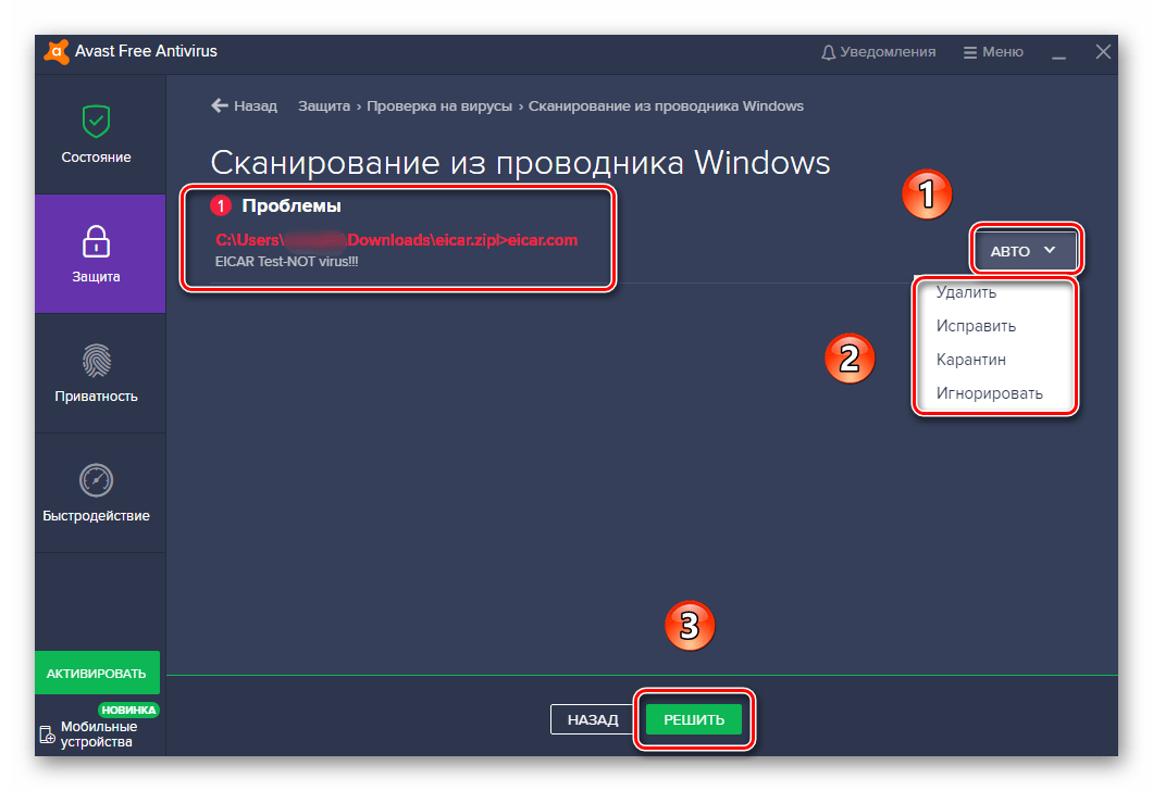 Выбор действия с вирусными файлами в антивирусе Avast