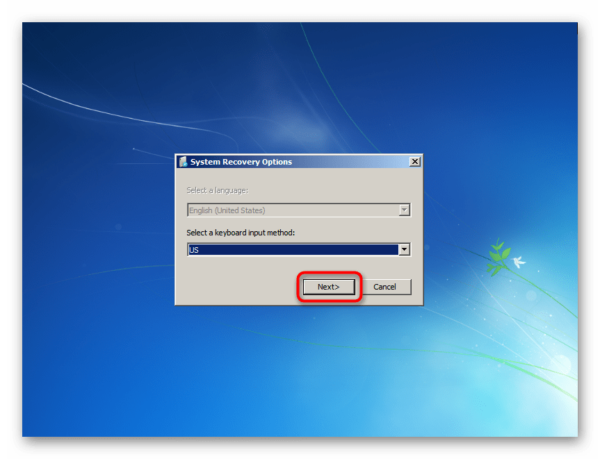 Выбор раскладки в окне System Recovery Options Windows 7