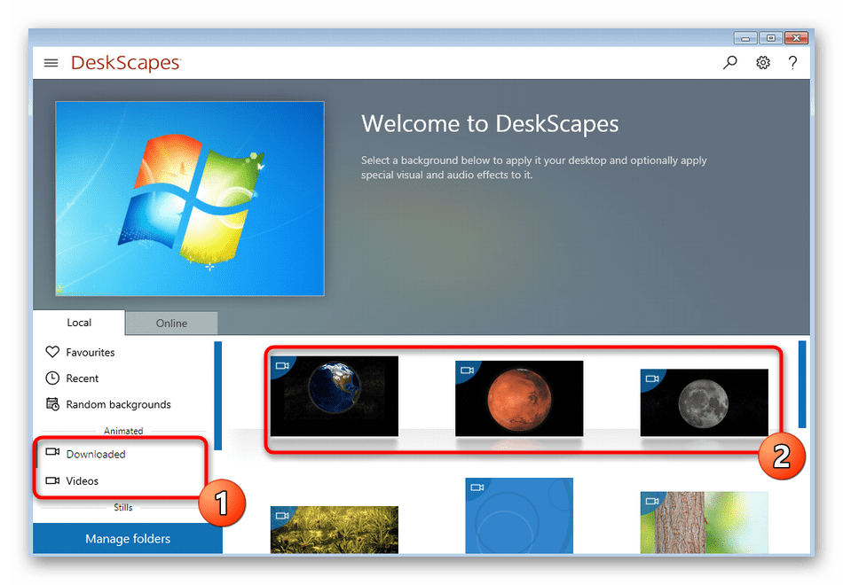 Выбор видео из библиотеки для установки живых обоев в DeskScapes