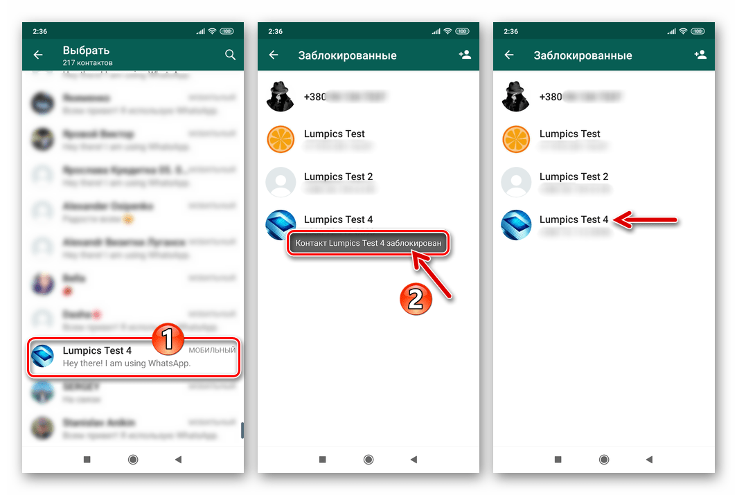 Whats App для Android Процесс добавления контакта в черный список