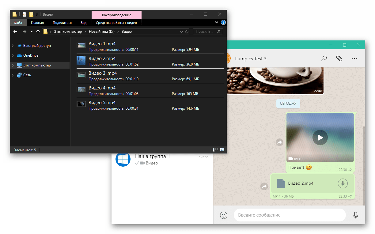 WhatsApp для Windows окна проводника, где открыта папка с видеоконтентом и мессенджера