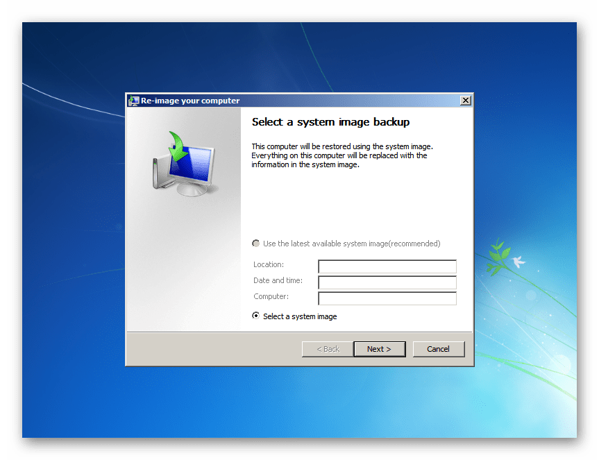 Запущенная утилита System Image Recovery в окне System Recovery Options Windows 7