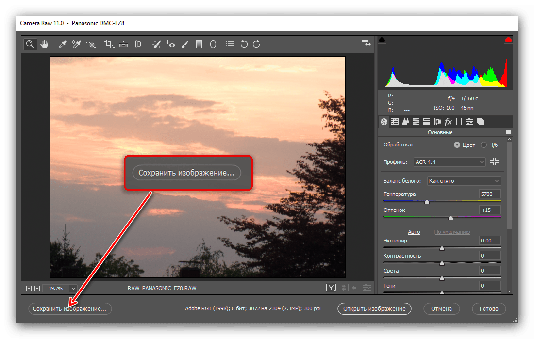 Начало процедуры конвертирования RAW в JPG через Adobe Photoshop