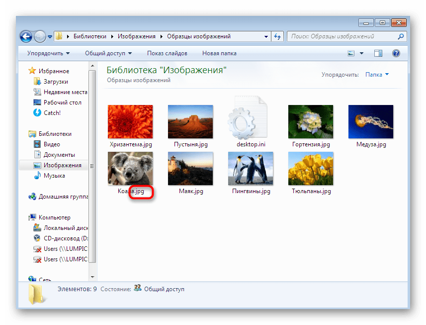 Просмотр расширений файлов изображений после внесения изменений в Windows 7
