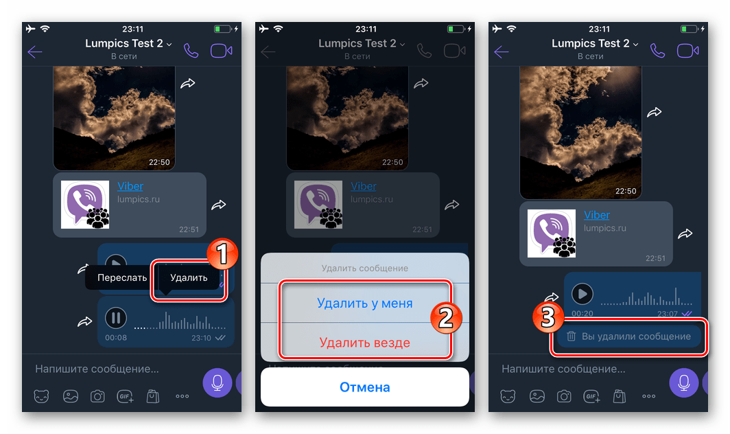 Viber для iPhone удаление отправленного голосового сообщения у себя и собеседника