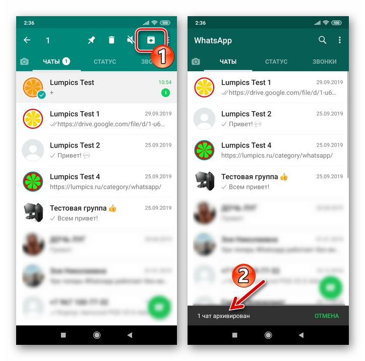 WhatsApp для Android кнопка архивации любого чата