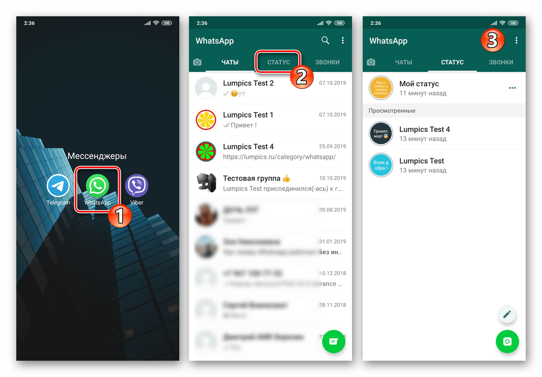 WhatsApp для Android - запуск мессенджера, переход на вкладку Статус.
