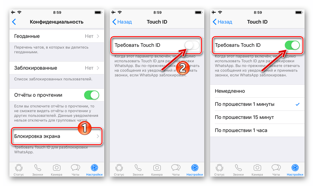 WhatsApp для iOS активация блокировки мессенджера с помощью Touch ID