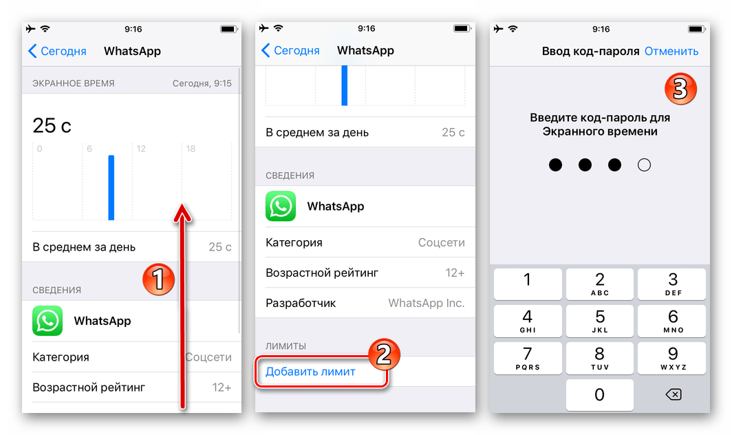 WhatsApp для iPhone активация Лимита использования для мессенджера в Экранном времени