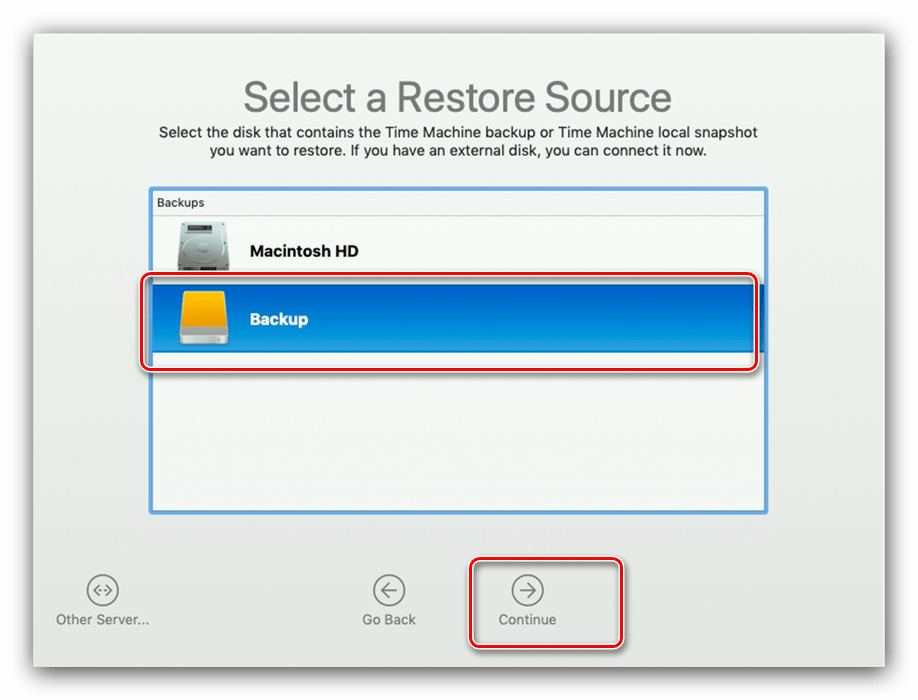 Использовать бэкап Time Machine, если не загружается macOS