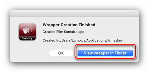 Otevřete vytvořený obal Wineskin pro použití v systému macOS