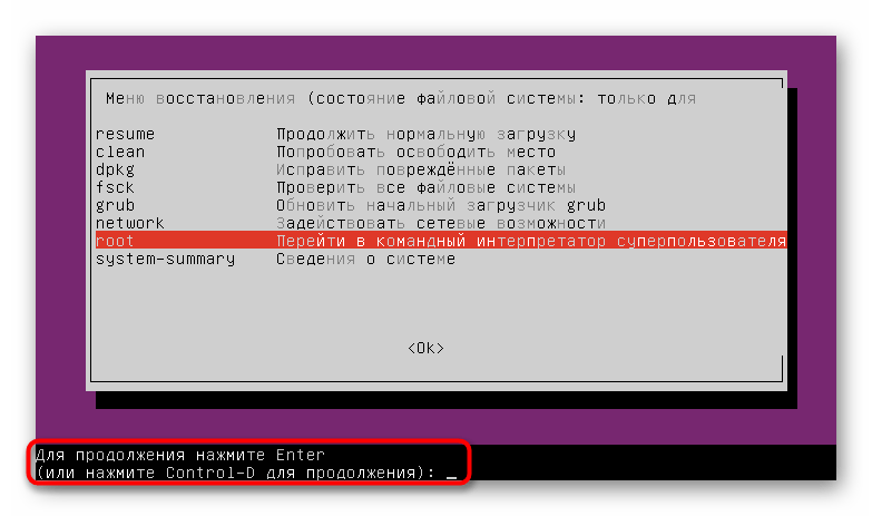 Подтверждение запуска консоли в режиме восстановления Linux
