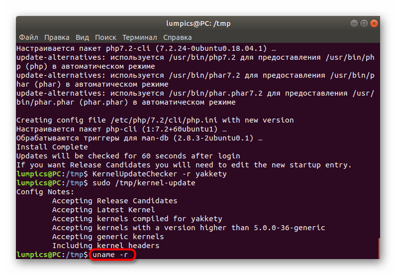 Проверка текущей версии ядра после успешного обновления в Ubuntu