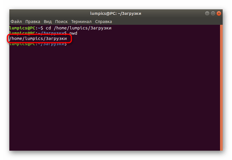 Результат использования утилиты PWD в Linux в новой строке терминала