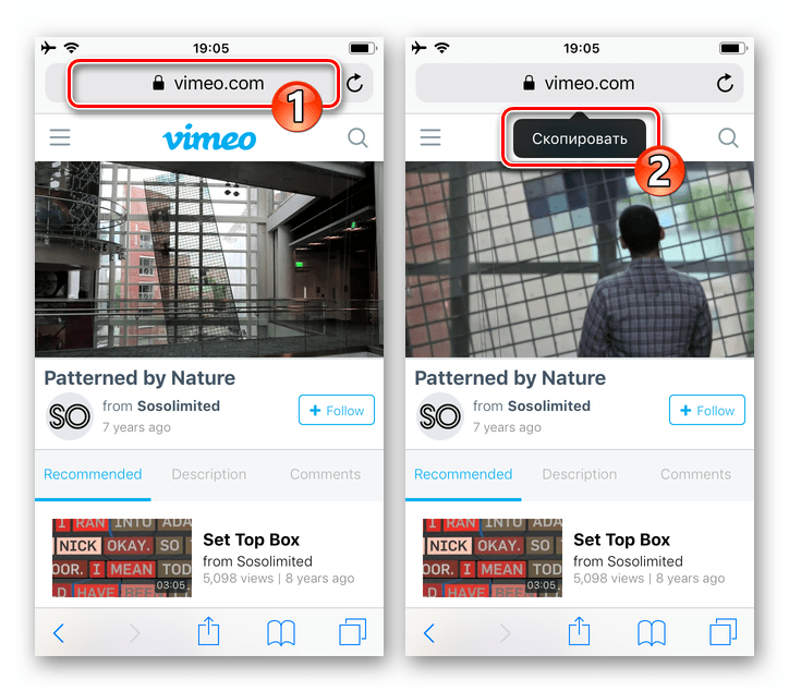 Viber для iPhone копирование ссылки на веб-страницу с видео для отправки через мессенджер