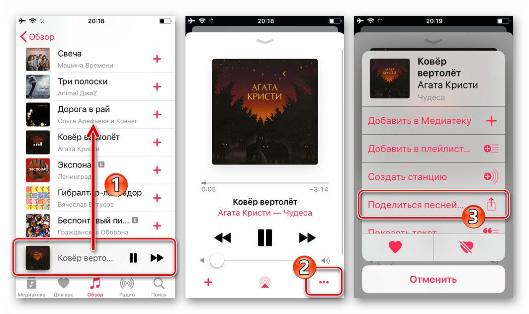 Viber для iPhone меню композиции, воспроизводимой в приложении Музыка, пункт Поделиться песней...