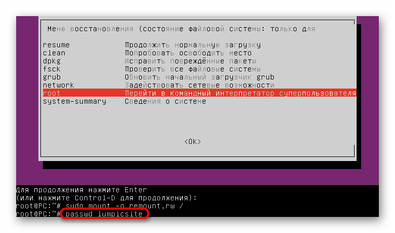 Ввод команды для сброса пароля пользователя в командной строке режима восстановления Ubuntu