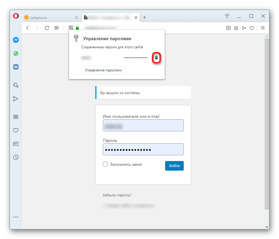 Кнопка удаления сохраненного пароля на сайте в Opera
