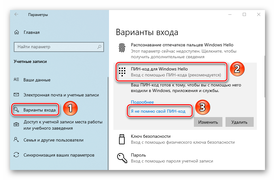Кнопка восстановления ПИН-кода в Windows 10 через окно Параметры