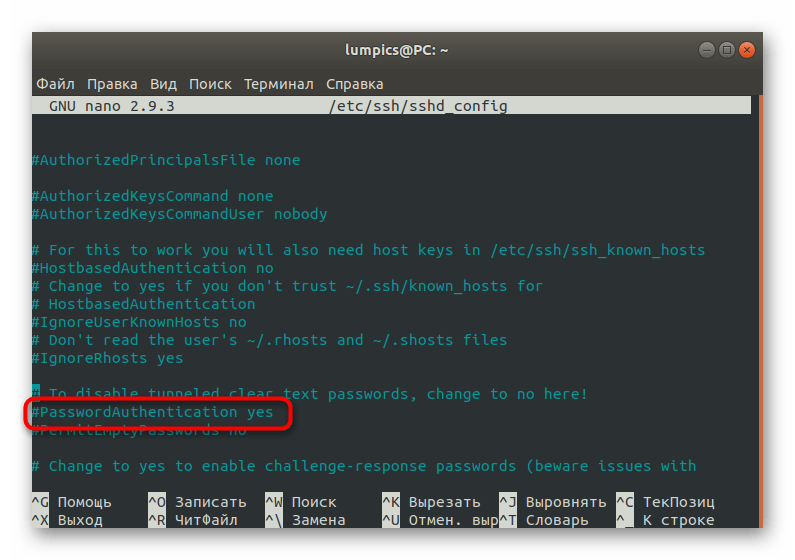 Нахождение строки, отвечающей за аутентификацию по паролю SSH в Debian