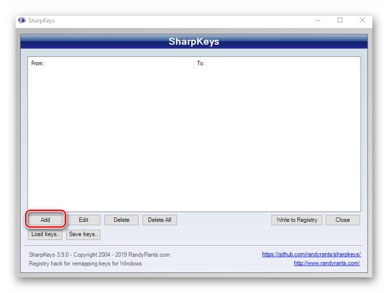 Нажатие кнопки Add в программе SharpKeys на Windows 10