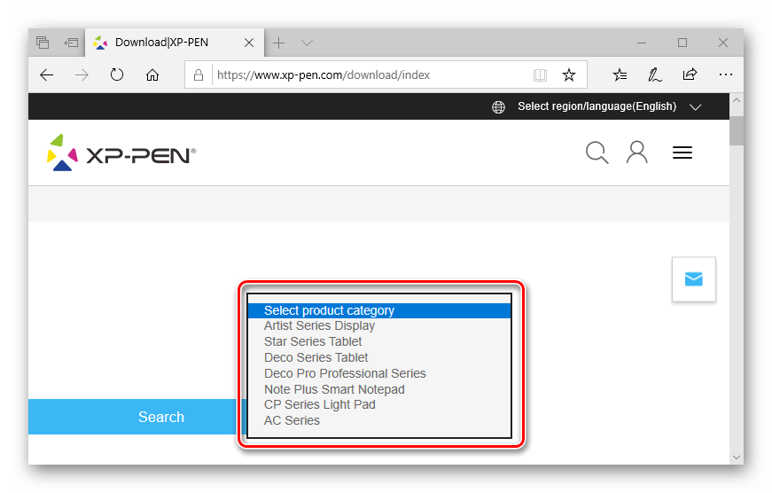Открыть категории устройств для получения драйверов для XP Pen с официального сайта