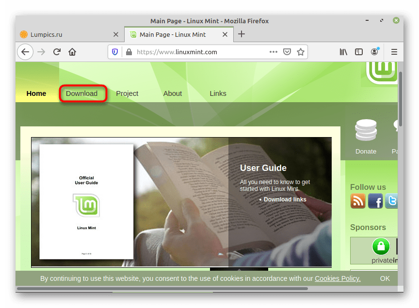 Переход к разделу с загрузками на официальном сайте для скачивания дистрибутива перед установкой Linux Mint рядом с Linux Mint