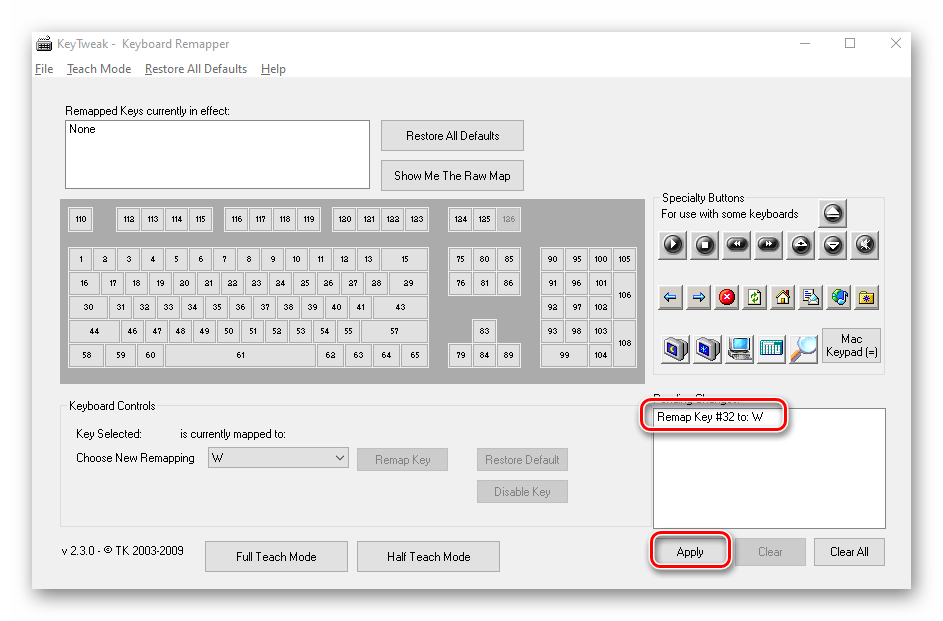 Применение настроек для переназначения клавиш в KeyTweak на Windows 10