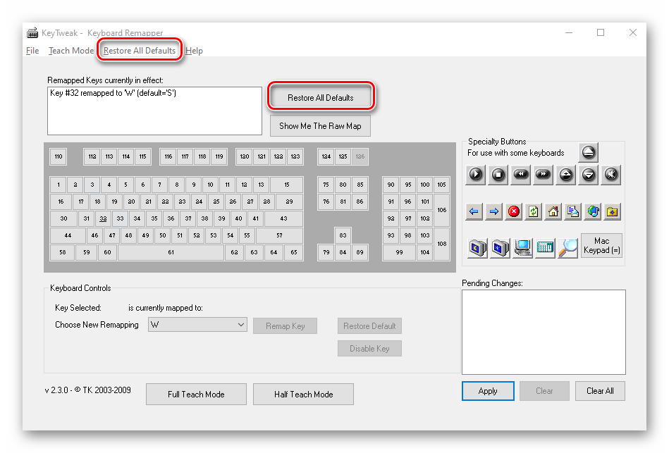 Сброс переназначенных клавиш в программе KeyTweak на Windows 10