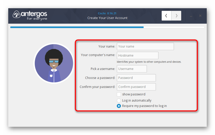 Создание нового пользователя перед установкой Antergos