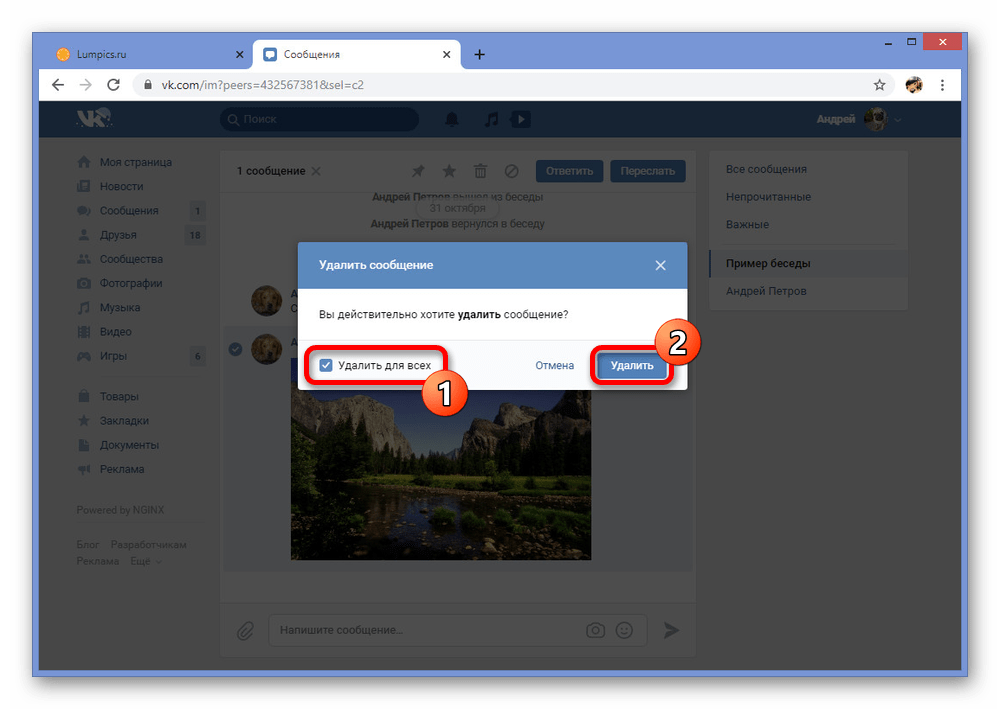 Удаление сообщения с фото для всех на сайте ВКонтакте