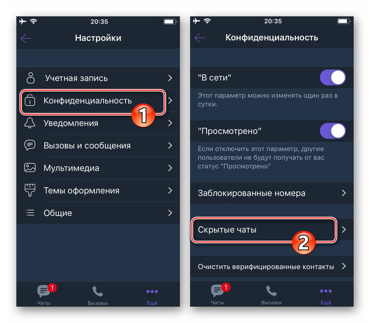 Viber для iOS Настройки мессенджера - Конфиденциальность - Скрытые чаты