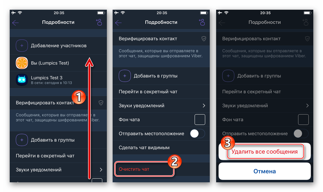 Viber для iOS пунт Очистить чат в меню Подробности скрытой переписки