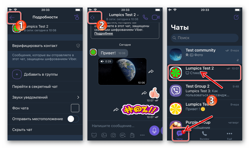Viber для iOS Скрытый чат сделан видимым и отображается на вкладке Чаты мессенджера