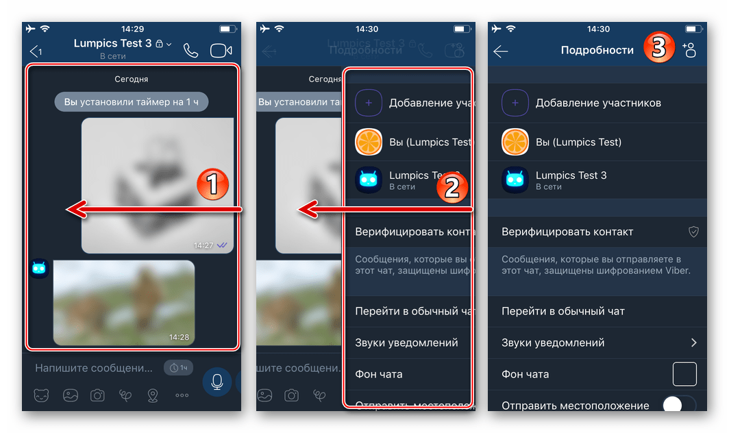 Viber для iPhone переход в меню Подробности секретного чата путем смахивания экрана влево
