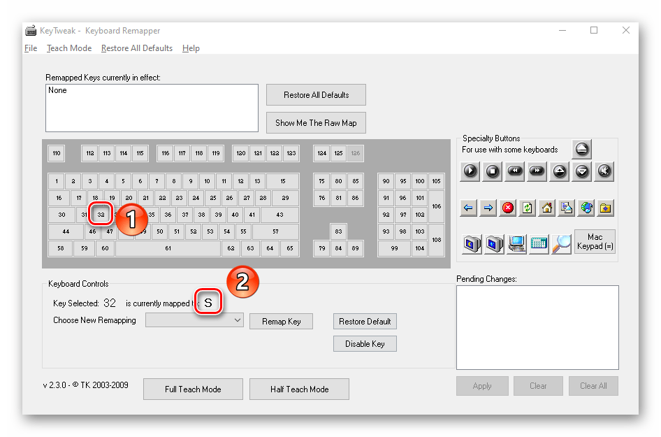 Выбор клавиши для переназначения в программе KeyTweak на Windows 10