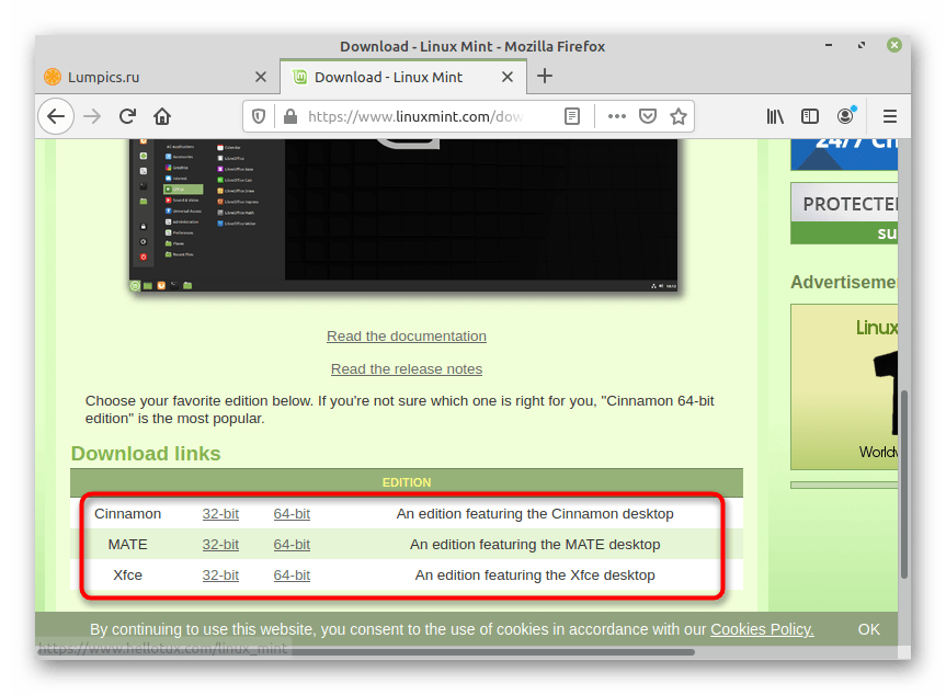 Выбор версии установки Linux Mint рядом с Linux Mint