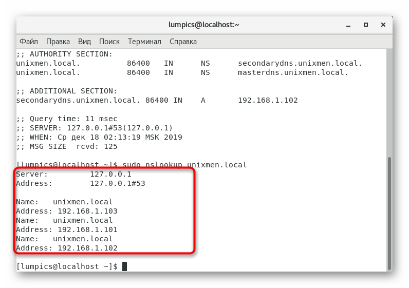 Вывод команды проверки корректности работы зон DNS в CentOS