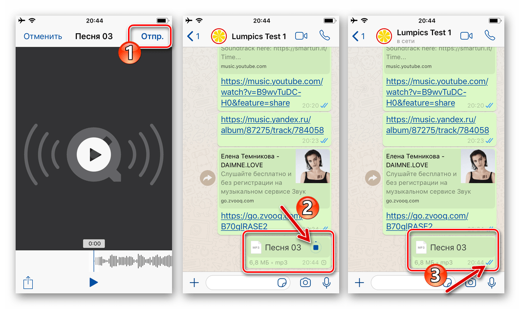 WhatsApp для iOS отправка аудиофайла из памяти iPhone через мессенджер завершена