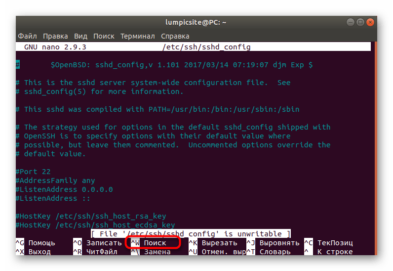 Запуск функции поиска по файлу через программу nano в Linux