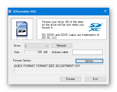 Интерфейс программы SDFormatter