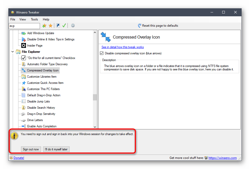 Перезапуск компьютера после отключения синих стрелок Winaero Tweaker в Windows 10